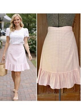 Draper James RSVP Pink White Gingham Linen Blend Ruffle Hem Skirt Size 10💛